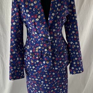 Vintage Cojana London Blue Floral Suit Jacket Sz 10 Skirt Sz 8 Lady Di